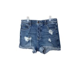 Hollister Curvy Ultra High-Rise Mom Shorts 11 W30 Blue Distressed‎